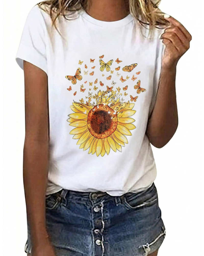 T-shirt Bella Feminino Estampado Floral – Top de Algodão Margarida & Girassol de Verão