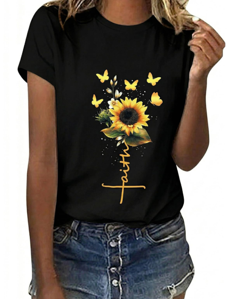 T-shirt Bella Feminino Estampado Floral – Top de Algodão Margarida & Girassol de Verão