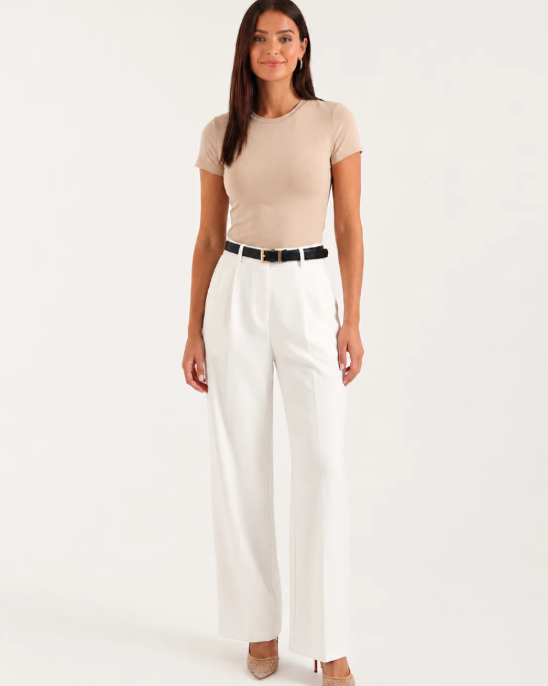 Sydney Pantalón Mujer – Pantalón Ancho de Cintura Alta Elástico Elegante Estilo Oficina Chic
