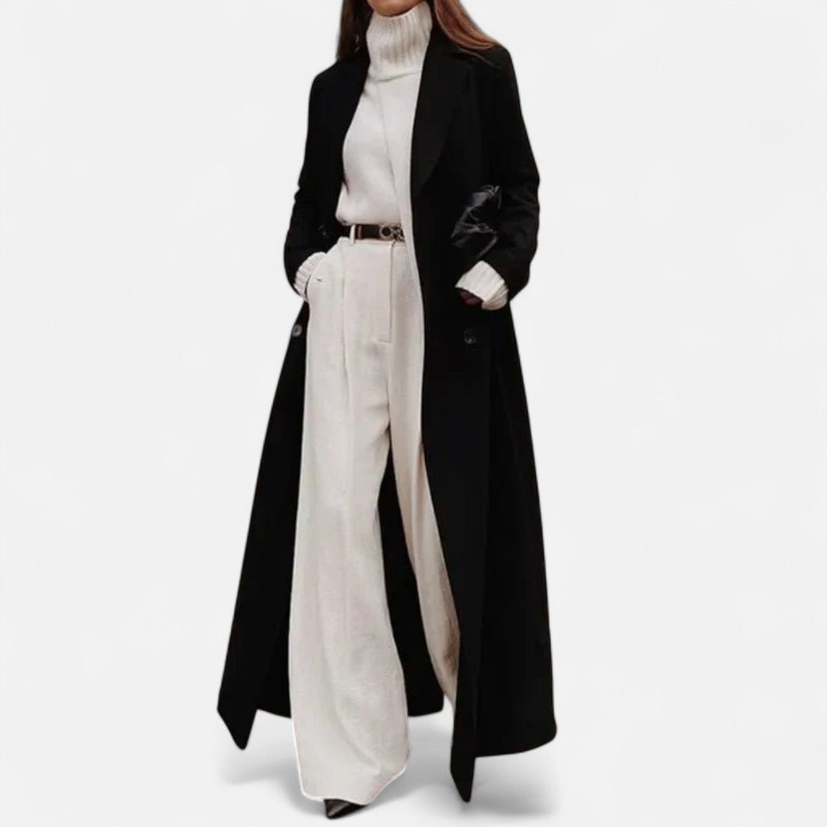 Isolde Damen langer schwarzer Mantel – Eleganter Schnitt mit Klassischem Reverskragen & Schicker Knopfleiste