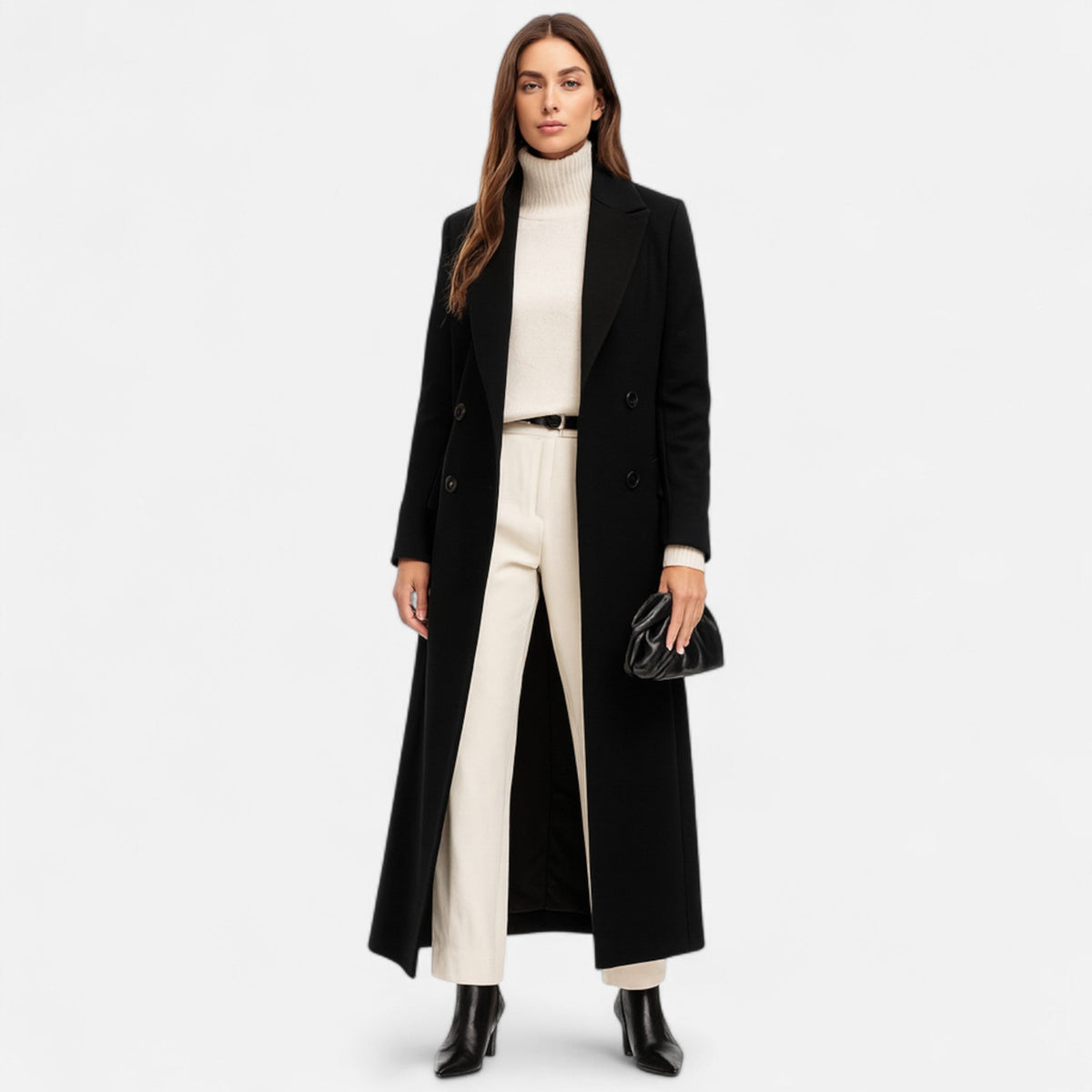 Isolde Casaco Longo Preto para Mulher – Corte Elegante com Gola de Lapela Clássica & Abotoamento Chic