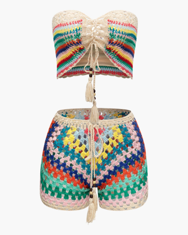 Reese Completo Donna all’Uncinetto – Completo 2 Pezzi Bustier Lacciato Pantaloncini all’Uncinetto Stile Bohemien