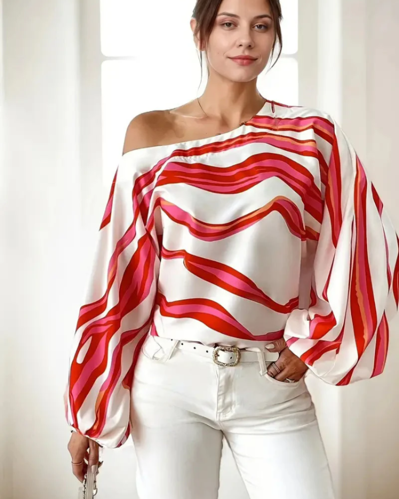 Oakley Damesblouse – Asymmetrische Blouse met Eén Schouder en Ballonmouwen, Golvend Print