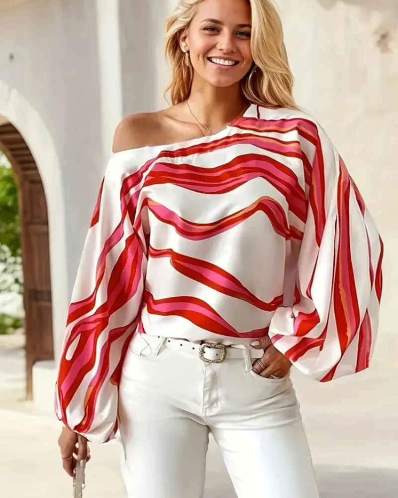 Oakley Damesblouse – Asymmetrische Blouse met Eén Schouder en Ballonmouwen, Golvend Print