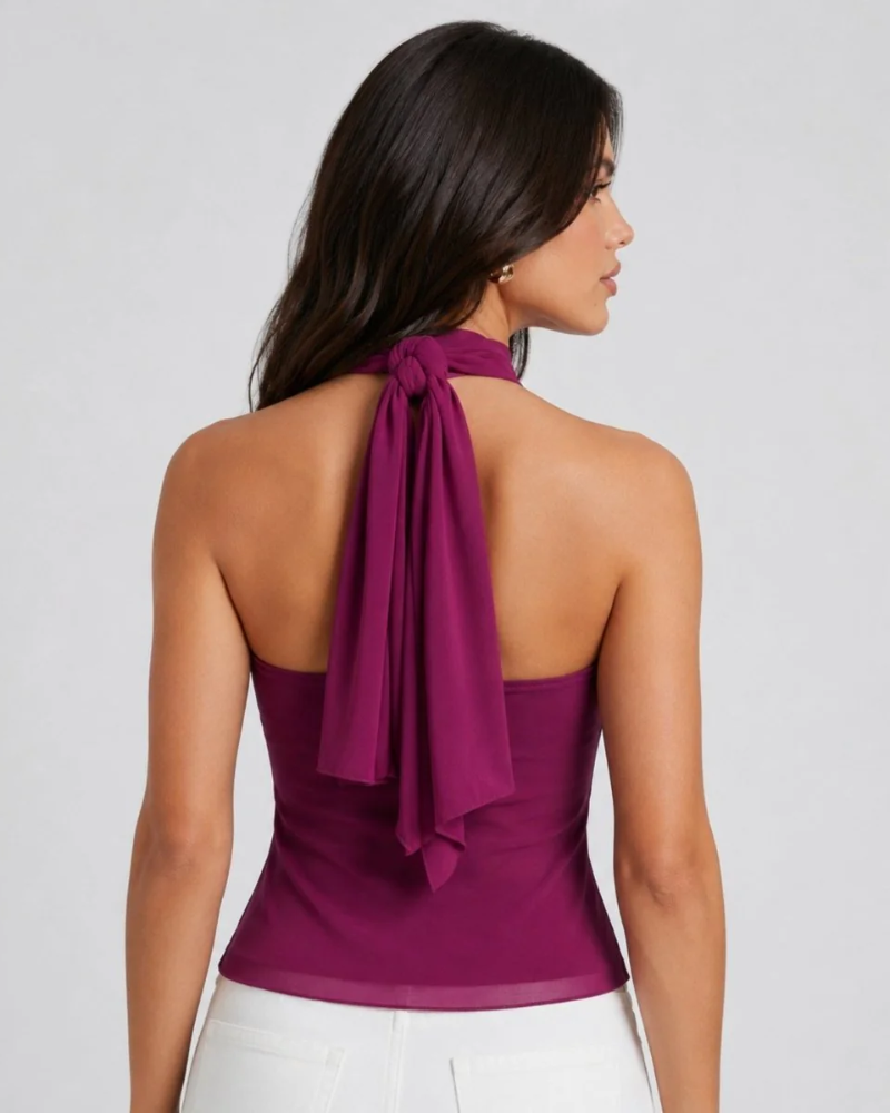 Peyton Top pentru femei – Top cu spate gol, guler halter, volane fluide, elegant pentru seară