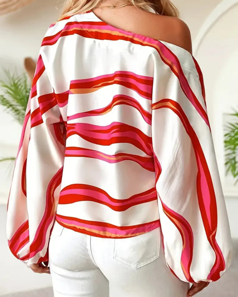 Oakley Damesblouse – Asymmetrische Blouse met Eén Schouder en Ballonmouwen, Golvend Print