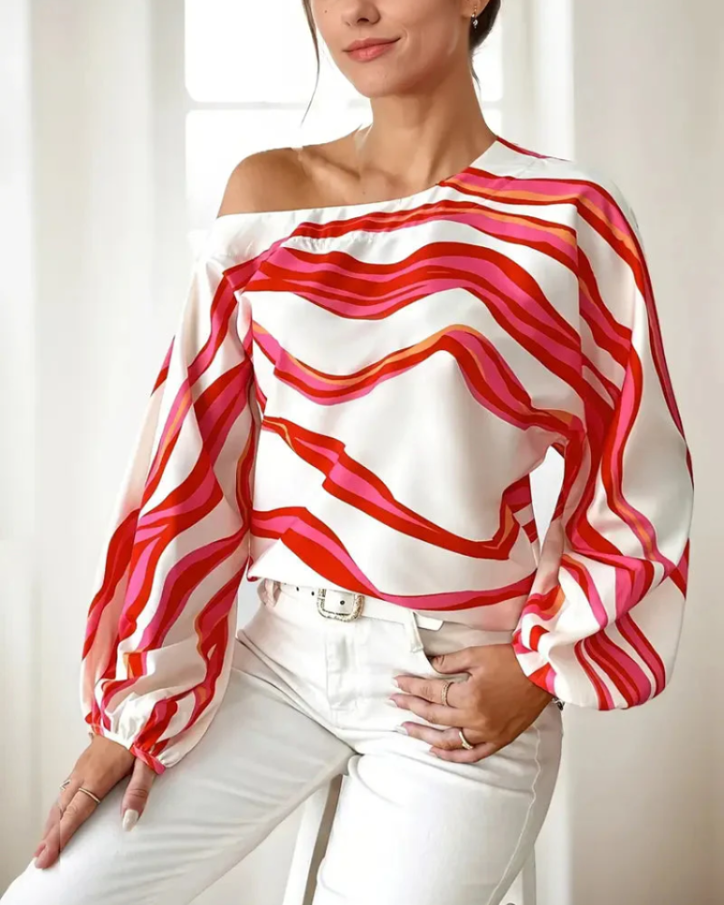 Oakley Damesblouse – Asymmetrische Blouse met Eén Schouder en Ballonmouwen, Golvend Print