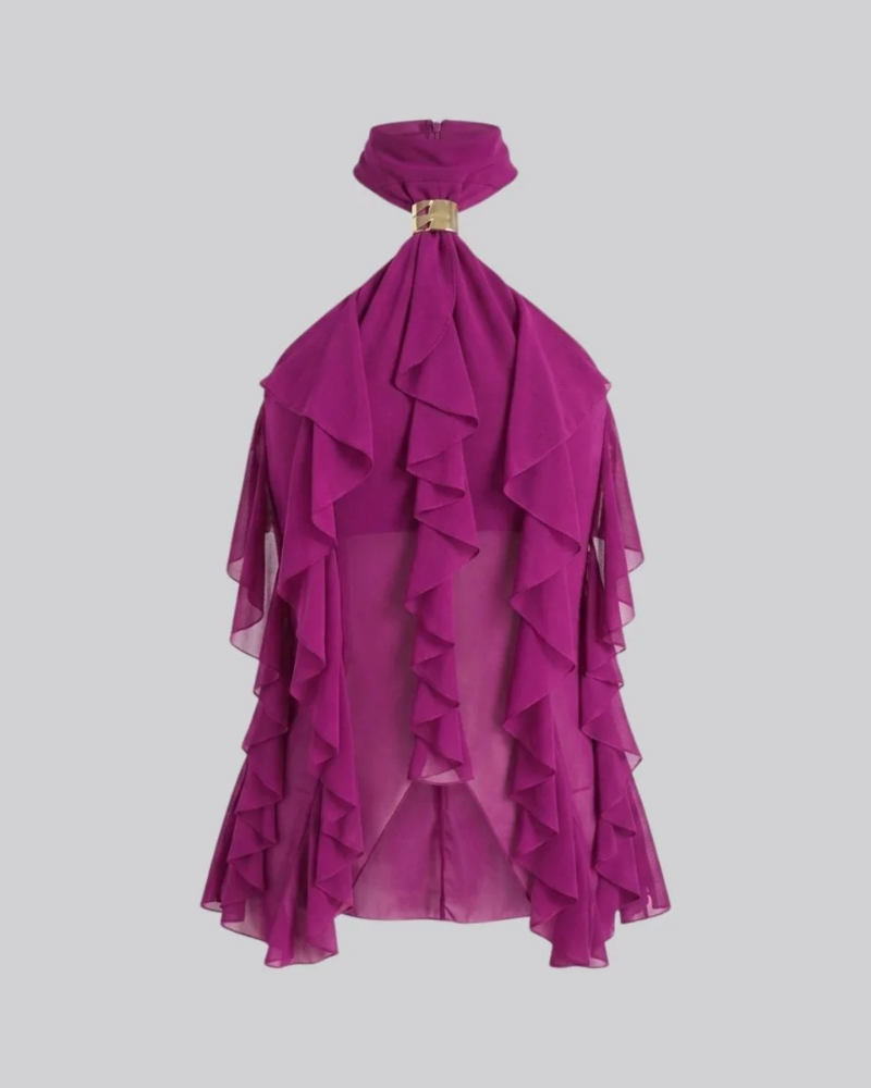 Peyton Top pentru femei – Top cu spate gol, guler halter, volane fluide, elegant pentru seară