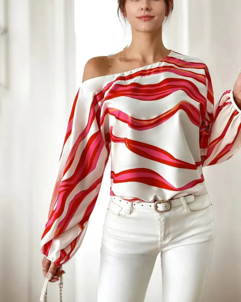 Oakley Damesblouse – Asymmetrische Blouse met Eén Schouder en Ballonmouwen, Golvend Print