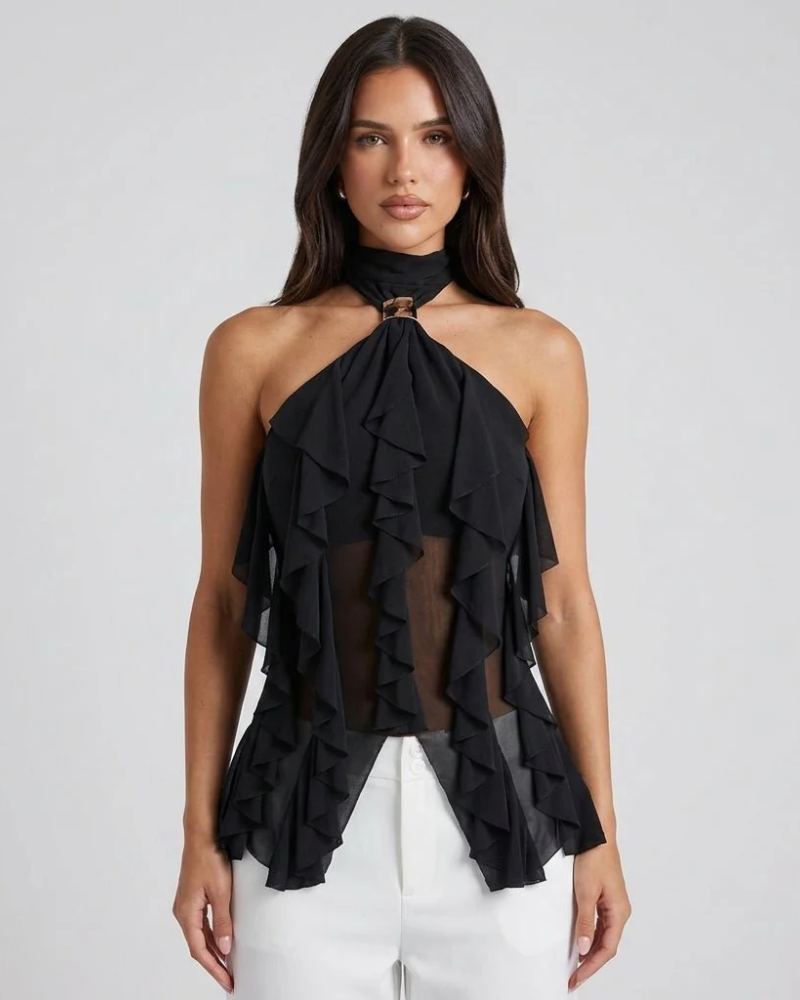 Peyton Top pentru femei – Top cu spate gol, guler halter, volane fluide, elegant pentru seară