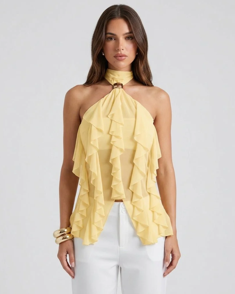 Peyton Top pentru femei – Top cu spate gol, guler halter, volane fluide, elegant pentru seară