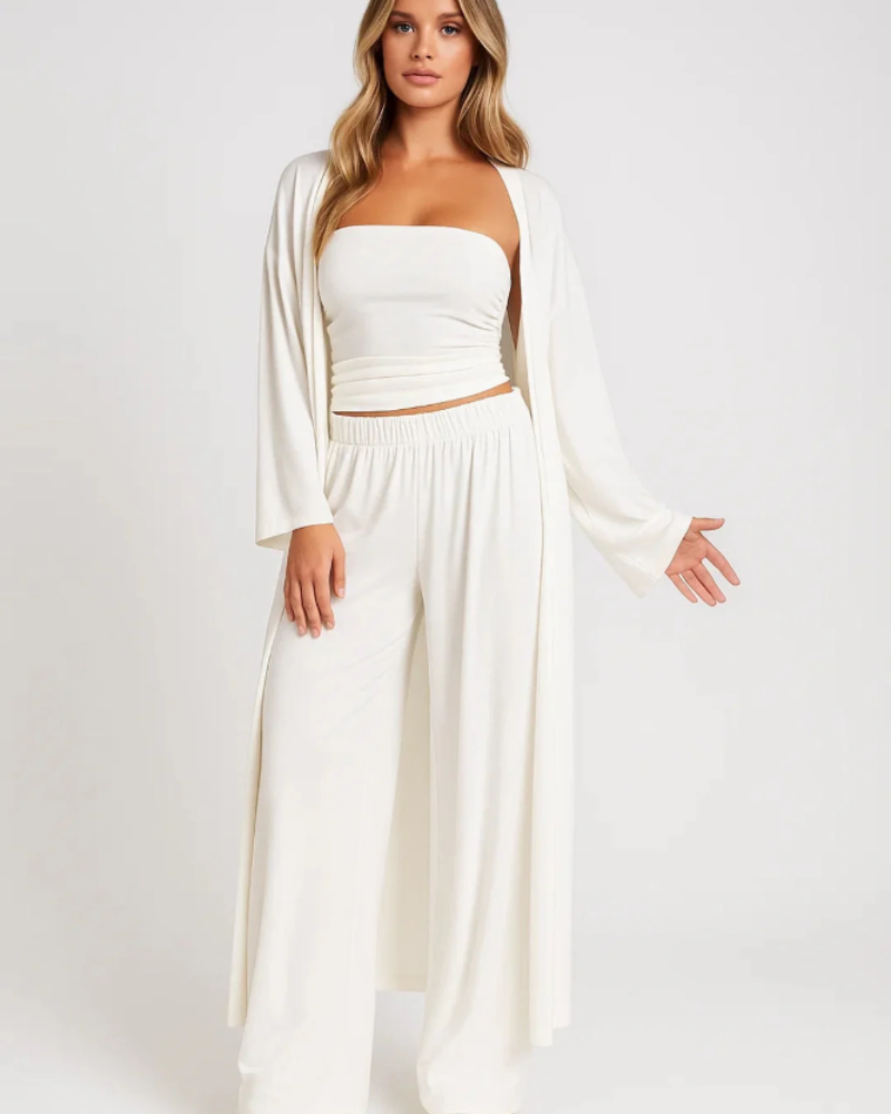 Conjunto Avery de 3 piezas para mujer – Top corto sin tirantes, pantalón ancho y cárdigan elegante