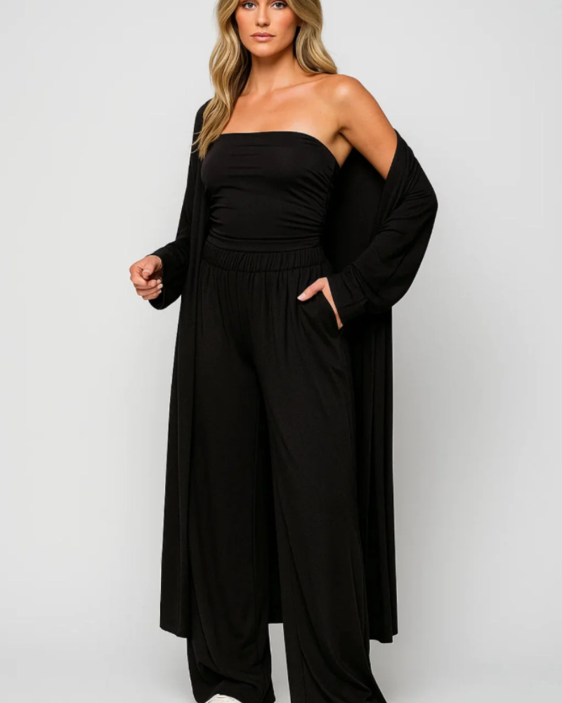 Conjunto Avery de 3 piezas para mujer – Top corto sin tirantes, pantalón ancho y cárdigan elegante
