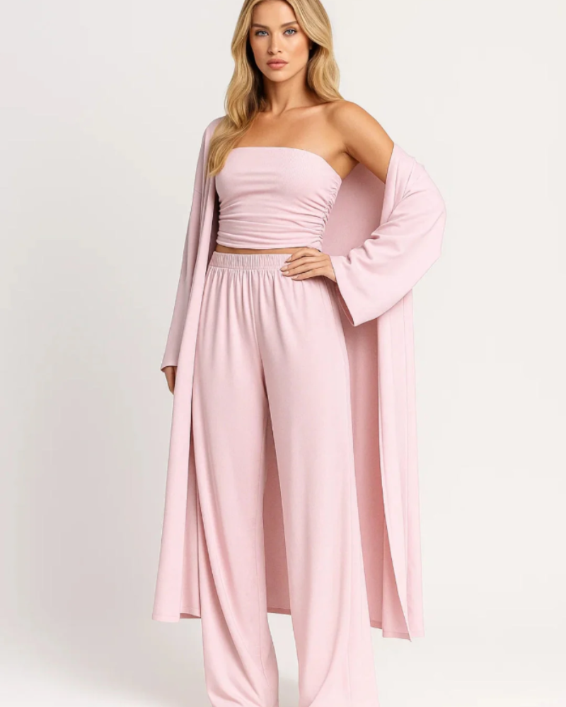 Avery Set da 3 Pezzi Donna – Top Corto Senza Spalline, Pantaloni Larghi, Cardigan Elegante
