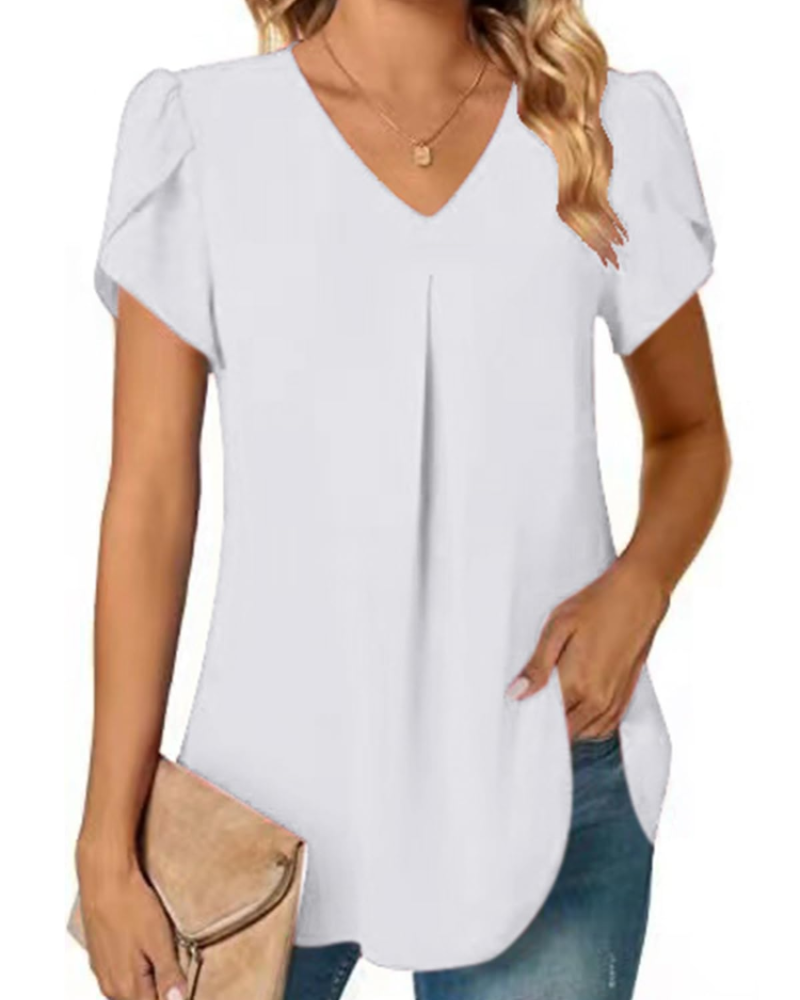 Camicetta da donna Cassidy in chiffon – scollo a V, maniche corte con volant, vestibilità ampia