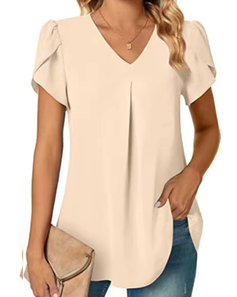 Camicetta da donna Cassidy in chiffon – scollo a V, maniche corte con volant, vestibilità ampia