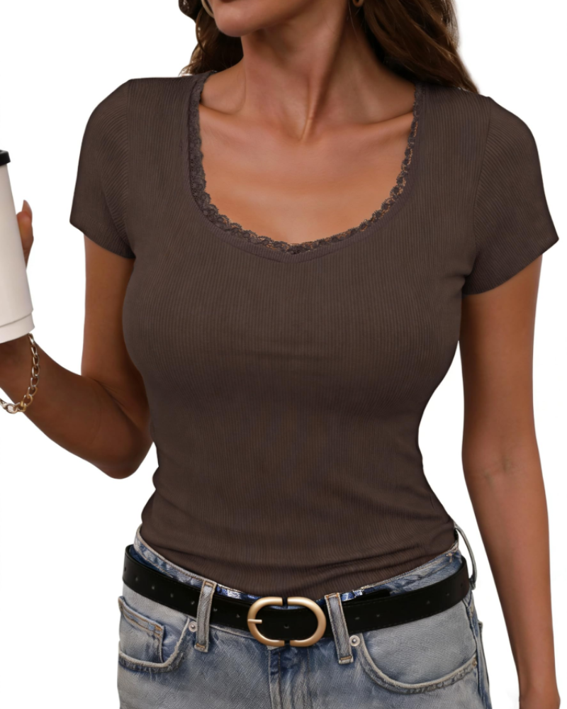 T-shirt da donna Greer a coste in cotone – girocollo, maniche corte, vestibilità aderente ed elasticizzata