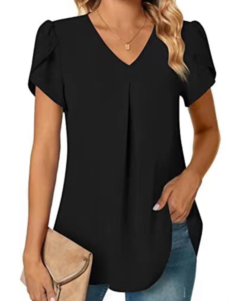 Camicetta da donna Cassidy in chiffon – scollo a V, maniche corte con volant, vestibilità ampia