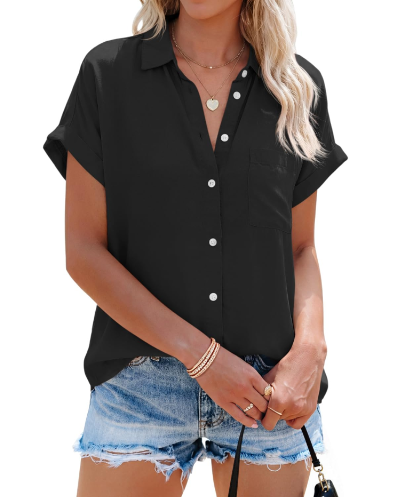 Mallory Camicia da donna a righe – Scollo a V con bottoni, maniche corte, vestibilità ampia e tasca