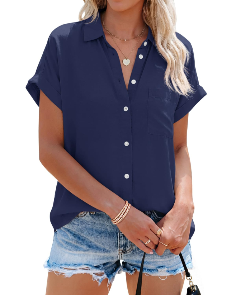 Mallory Camicia da donna a righe – Scollo a V con bottoni, maniche corte, vestibilità ampia e tasca