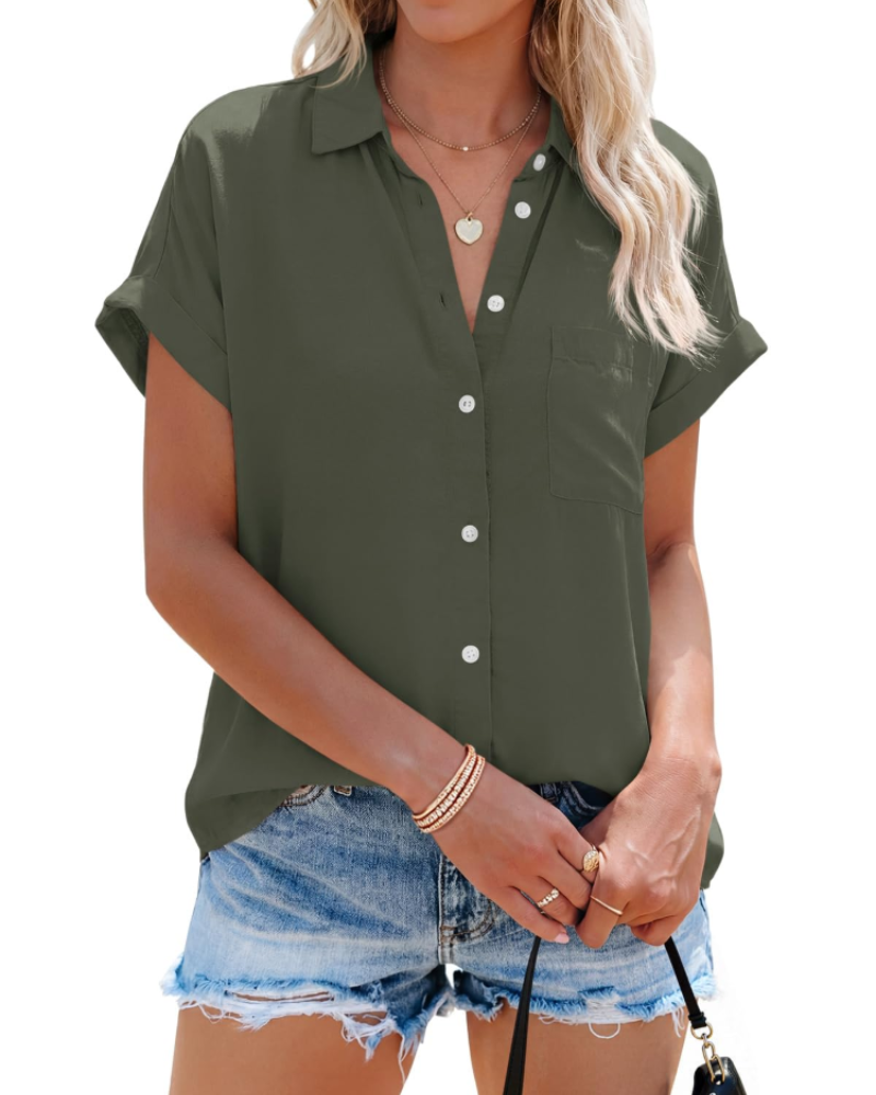 Mallory Camicia da donna a righe – Scollo a V con bottoni, maniche corte, vestibilità ampia e tasca