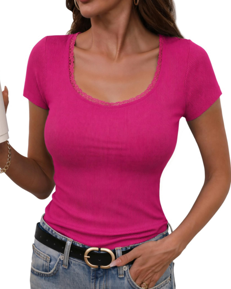 T-shirt da donna Greer a coste in cotone – girocollo, maniche corte, vestibilità aderente ed elasticizzata