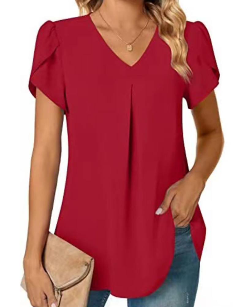Camicetta da donna Cassidy in chiffon – scollo a V, maniche corte con volant, vestibilità ampia