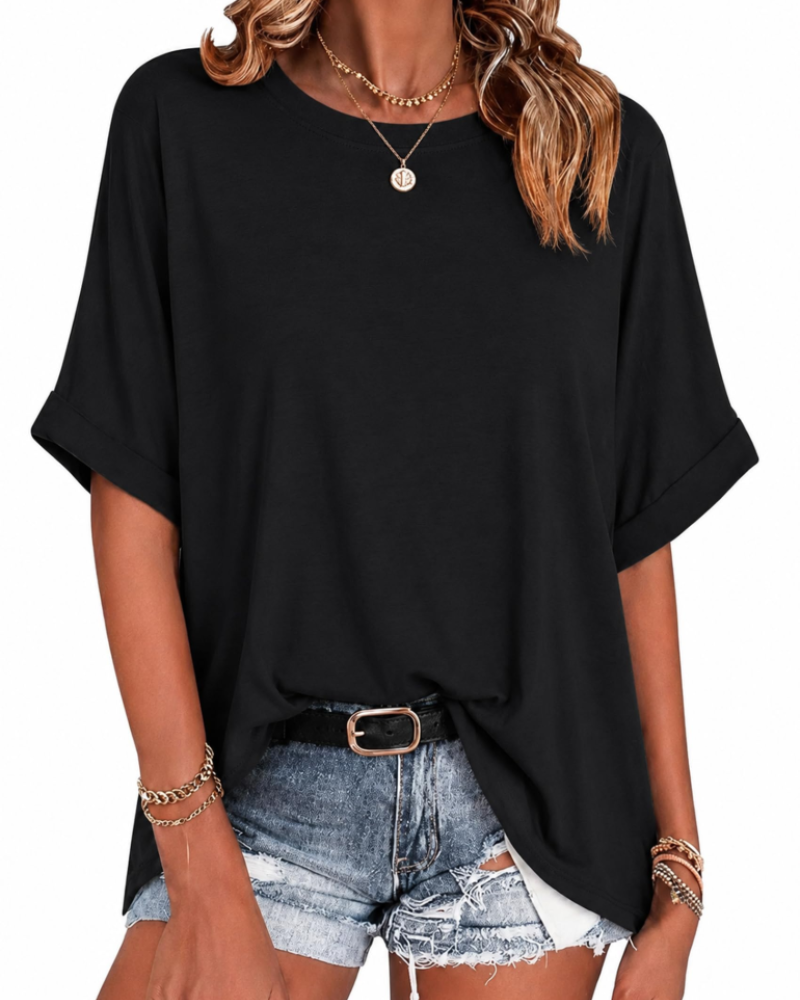 Γυναικείο oversized μπλουζάκι Waverly – στρογγυλή λαιμόκοψη, κοντά μανίκια, ρεβέρ, άνετη γραμμή