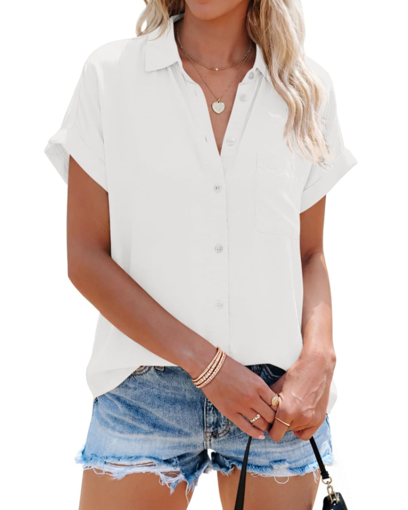 Mallory Camicia da donna a righe – Scollo a V con bottoni, maniche corte, vestibilità ampia e tasca