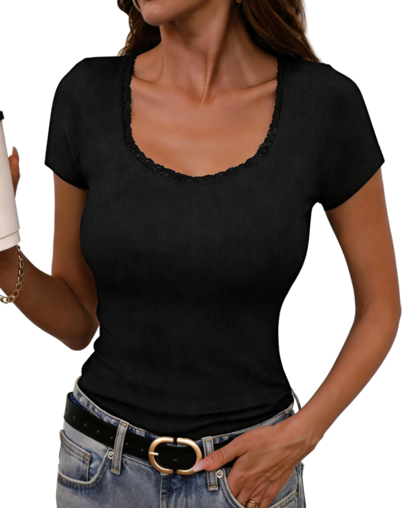 T-shirt da donna Greer a coste in cotone – girocollo, maniche corte, vestibilità aderente ed elasticizzata