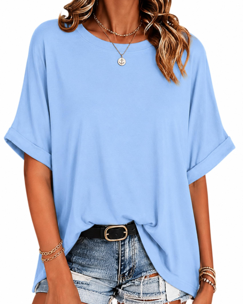 Γυναικείο oversized μπλουζάκι Waverly – στρογγυλή λαιμόκοψη, κοντά μανίκια, ρεβέρ, άνετη γραμμή