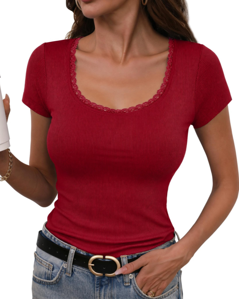 T-shirt da donna Greer a coste in cotone – girocollo, maniche corte, vestibilità aderente ed elasticizzata