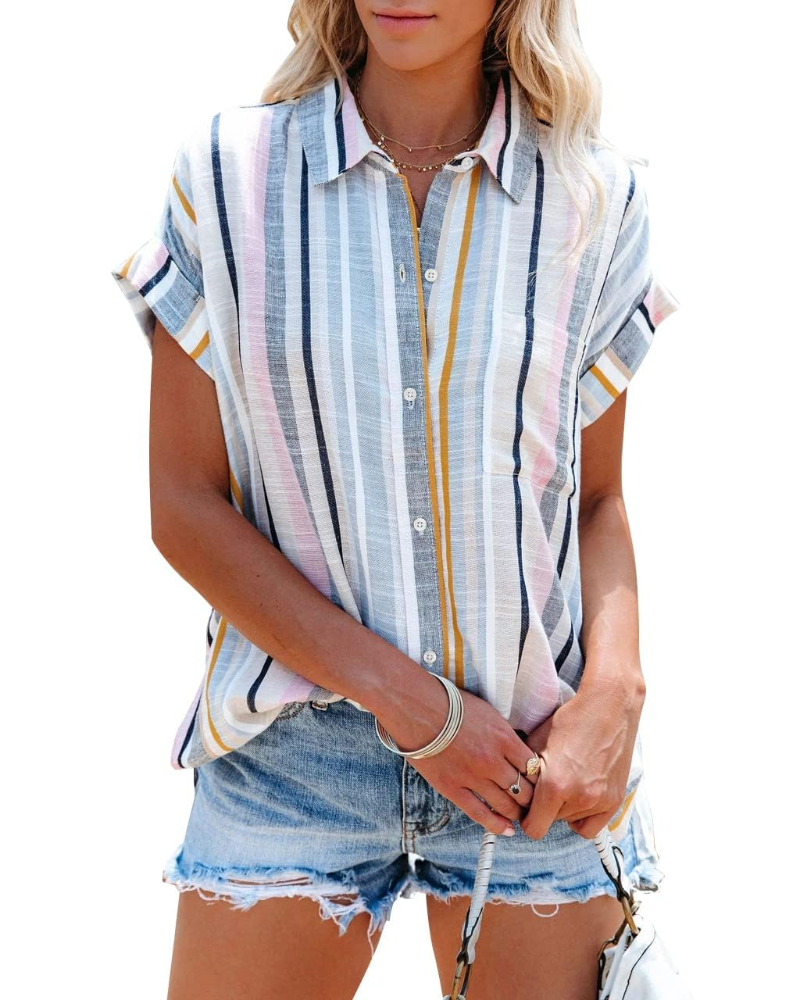 Mallory Camicia da donna a righe – Scollo a V con bottoni, maniche corte, vestibilità ampia e tasca