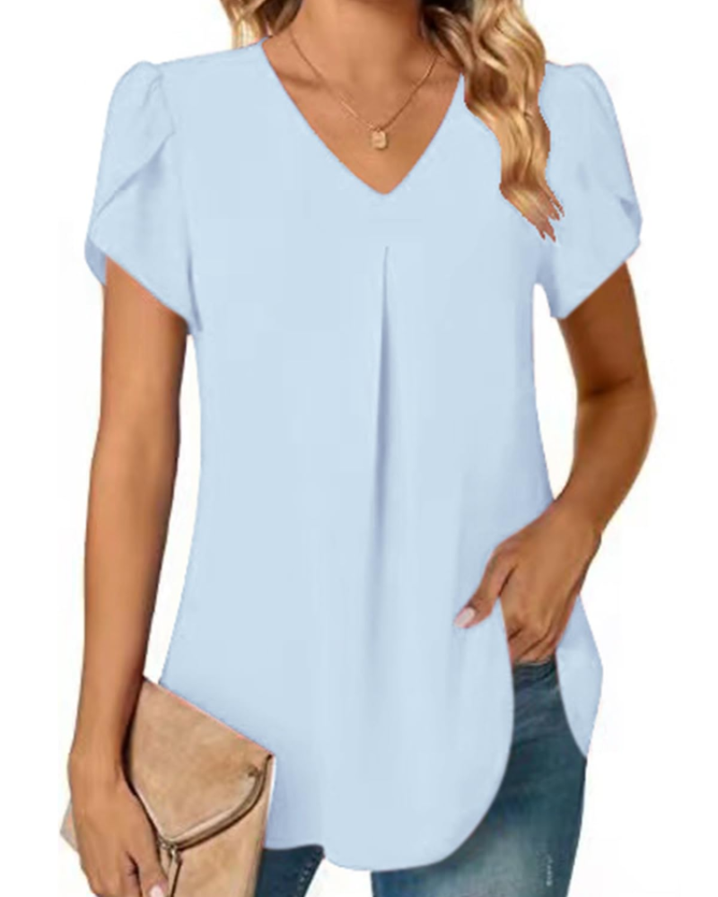 Camicetta da donna Cassidy in chiffon – scollo a V, maniche corte con volant, vestibilità ampia