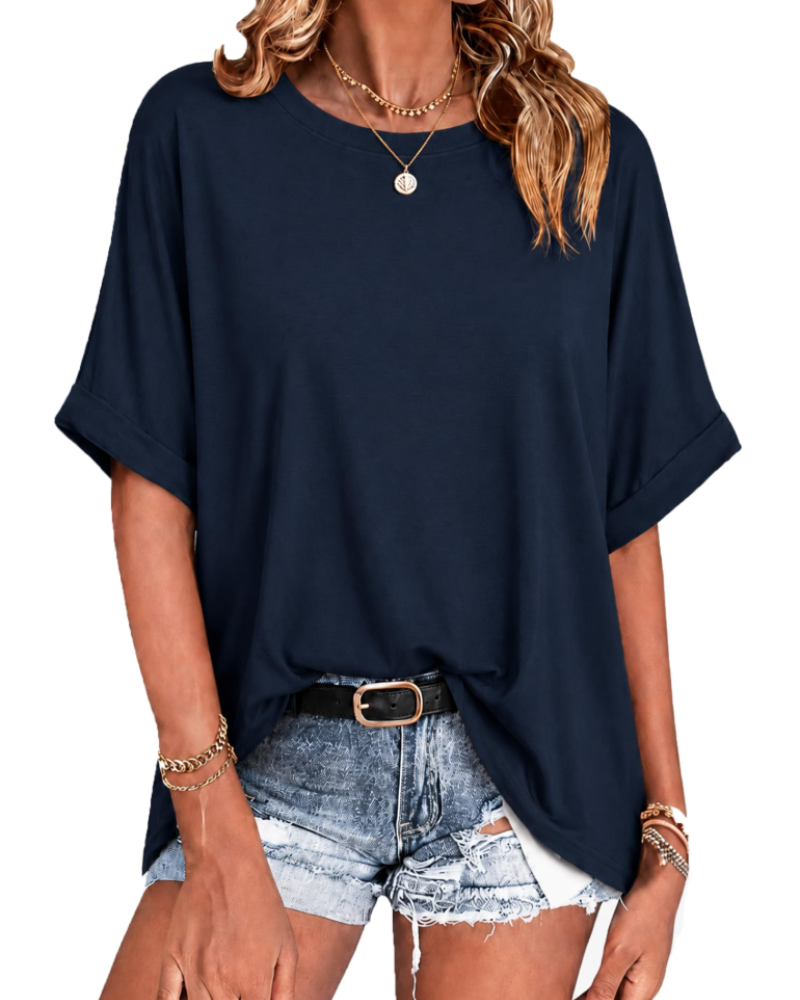 Γυναικείο oversized μπλουζάκι Waverly – στρογγυλή λαιμόκοψη, κοντά μανίκια, ρεβέρ, άνετη γραμμή