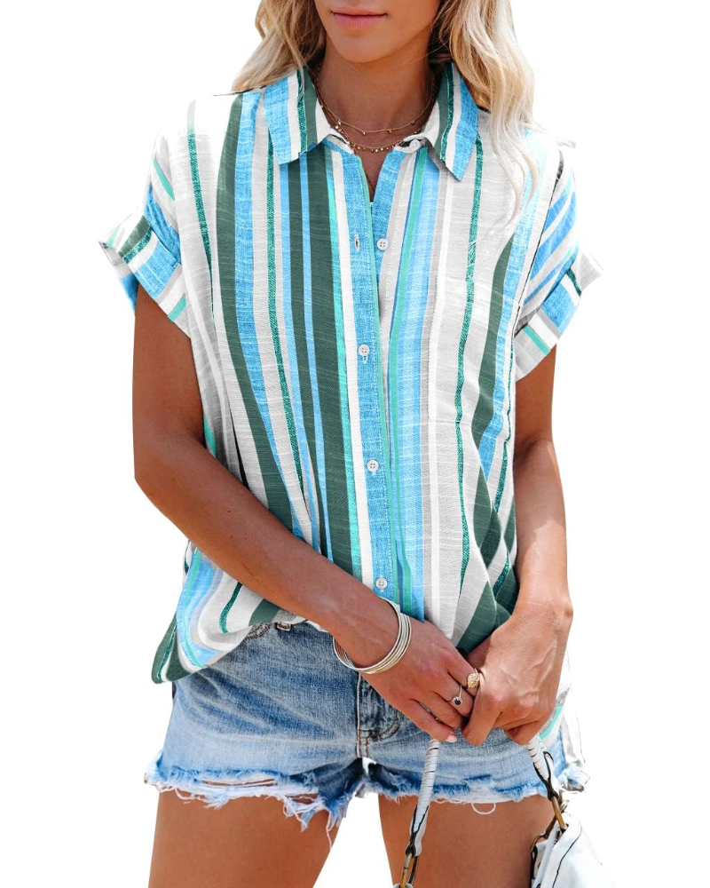 Mallory Camicia da donna a righe – Scollo a V con bottoni, maniche corte, vestibilità ampia e tasca