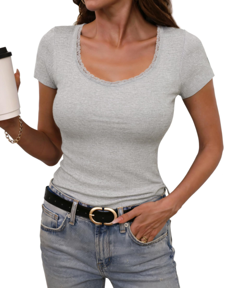 T-shirt da donna Greer a coste in cotone – girocollo, maniche corte, vestibilità aderente ed elasticizzata