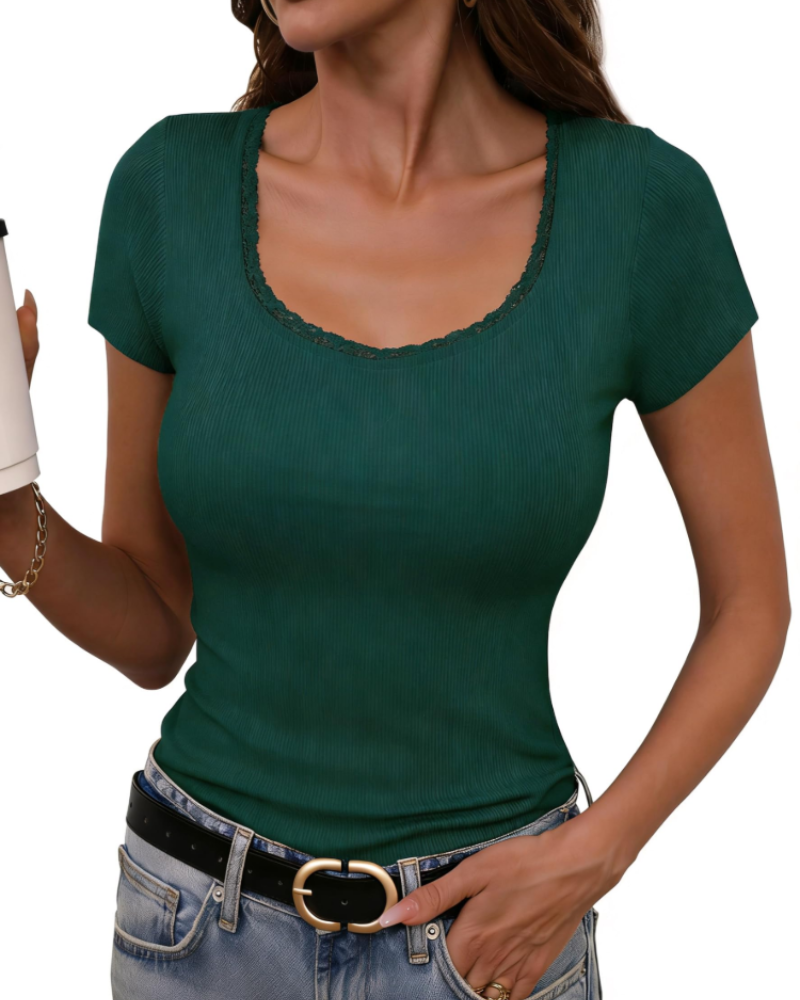 T-shirt da donna Greer a coste in cotone – girocollo, maniche corte, vestibilità aderente ed elasticizzata