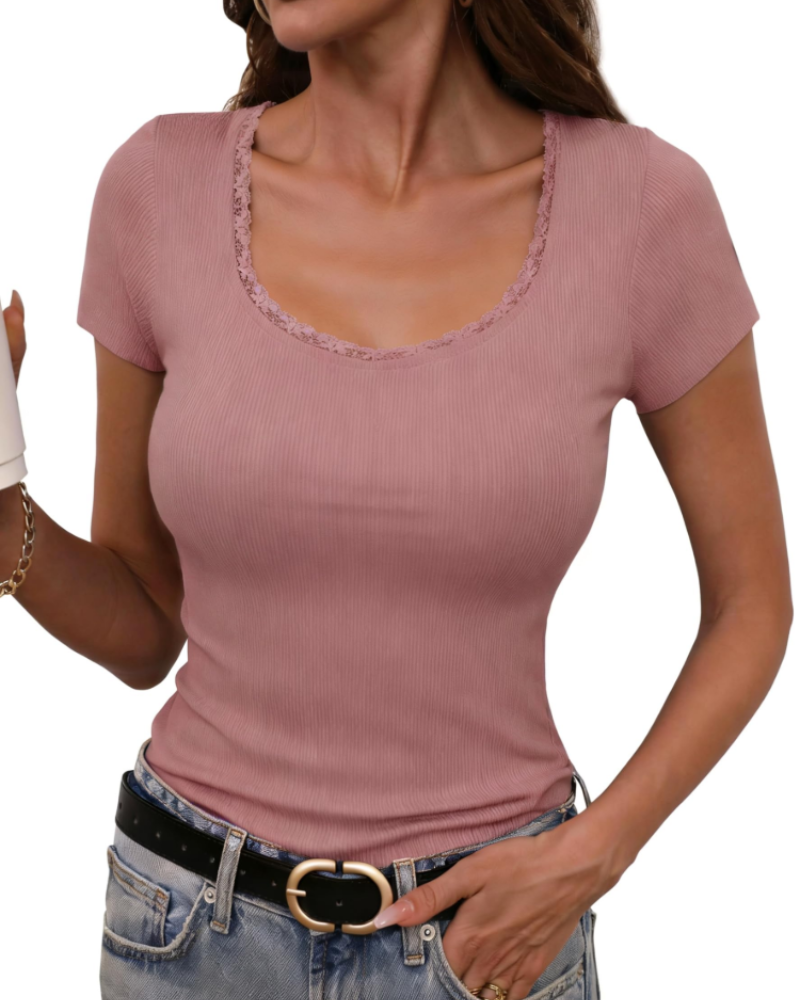 T-shirt da donna Greer a coste in cotone – girocollo, maniche corte, vestibilità aderente ed elasticizzata