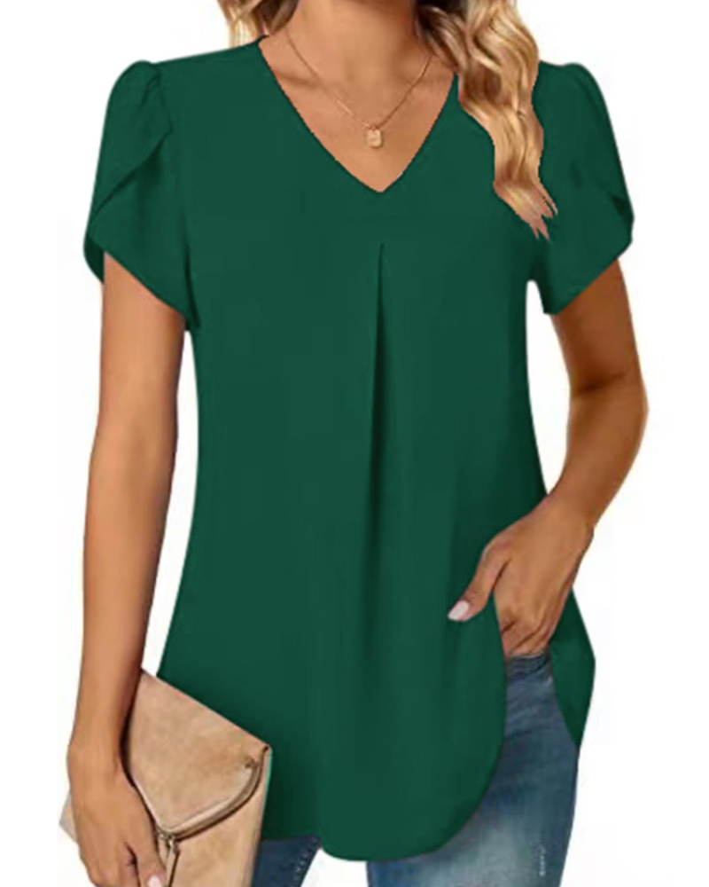 Camicetta da donna Cassidy in chiffon – scollo a V, maniche corte con volant, vestibilità ampia