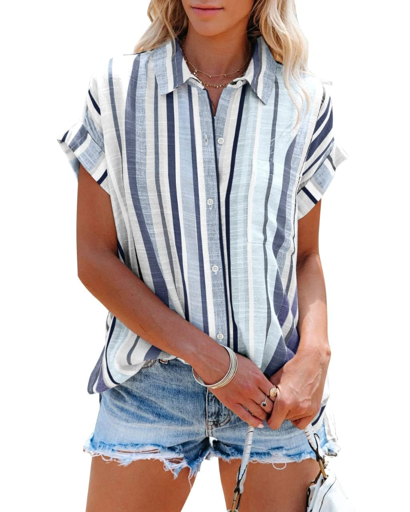 Mallory Camicia da donna a righe – Scollo a V con bottoni, maniche corte, vestibilità ampia e tasca