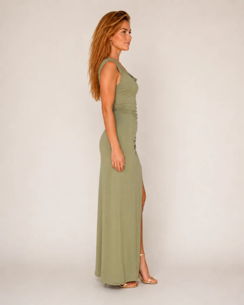 Vestito lungo Madison da donna – Vestito lungo verde chiaro con spacco alto e pieghe eleganti