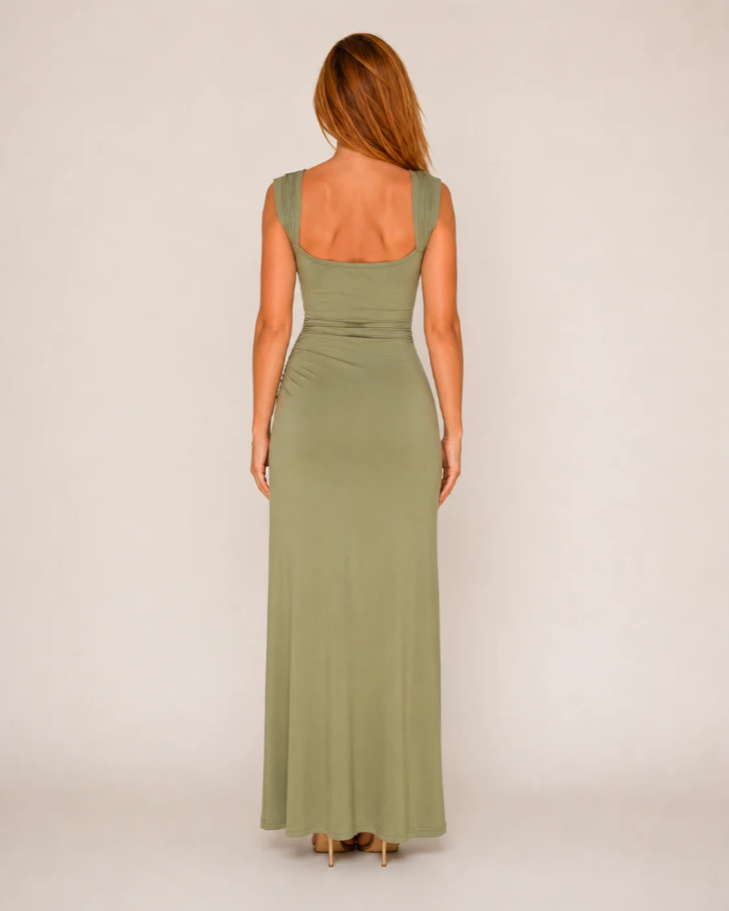 Vestito lungo Madison da donna – Vestito lungo verde chiaro con spacco alto e pieghe eleganti