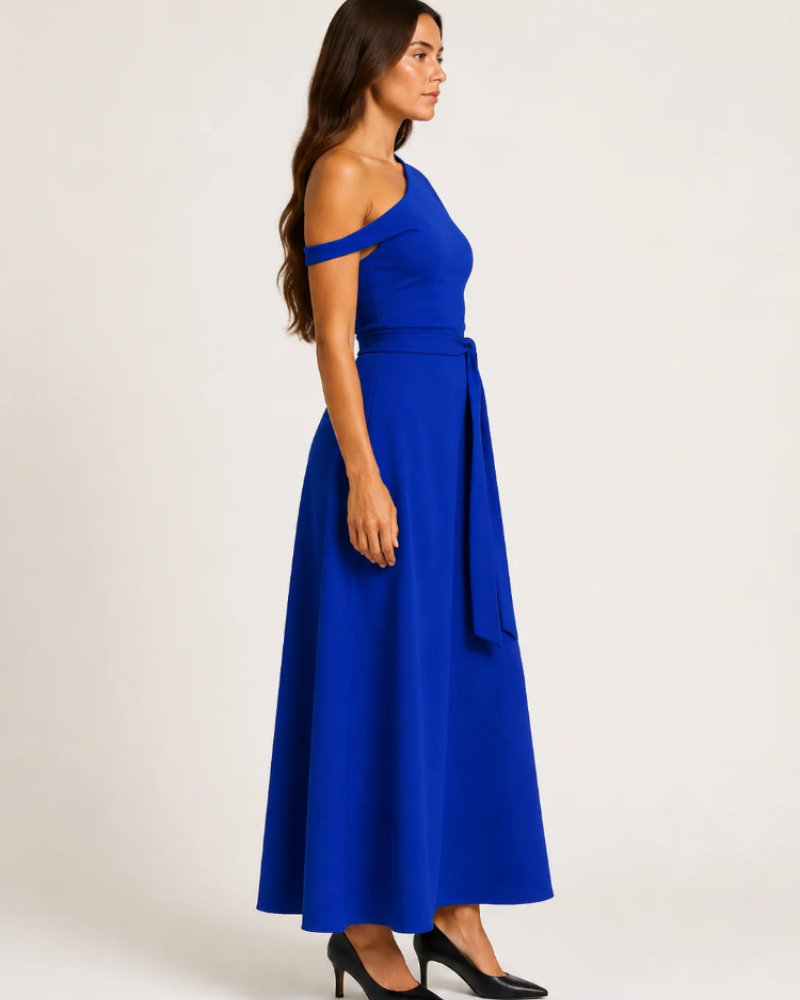 Sukienka Aurora Robe Maxi Damska – Długa Asymetryczna Sukienka z Odkrytym Ramieniem i Eleganckim Paskiem