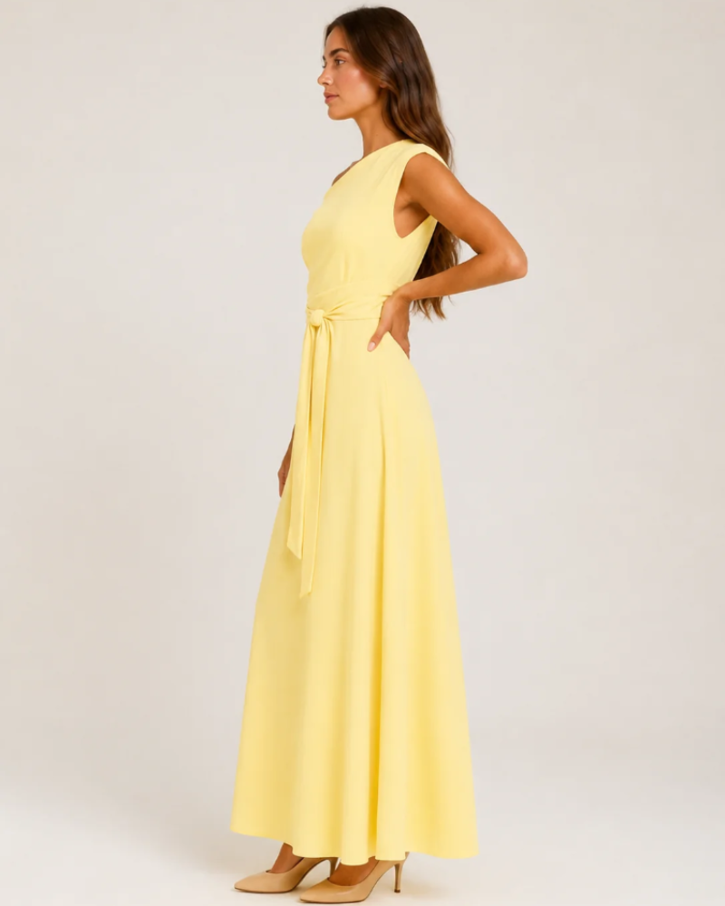 Sukienka Aurora Robe Maxi Damska – Długa Asymetryczna Sukienka z Odkrytym Ramieniem i Eleganckim Paskiem