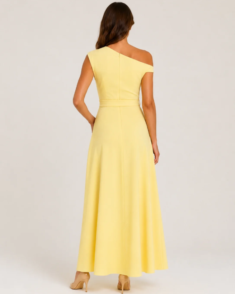 Sukienka Aurora Robe Maxi Damska – Długa Asymetryczna Sukienka z Odkrytym Ramieniem i Eleganckim Paskiem