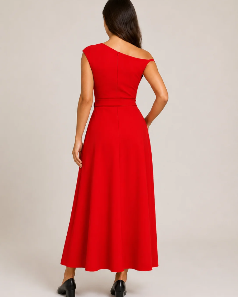 Sukienka Aurora Robe Maxi Damska – Długa Asymetryczna Sukienka z Odkrytym Ramieniem i Eleganckim Paskiem
