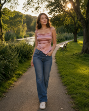 Harper Top Satin Femme – Top Curto Assimétrico Rosa com Cordões Elegante
