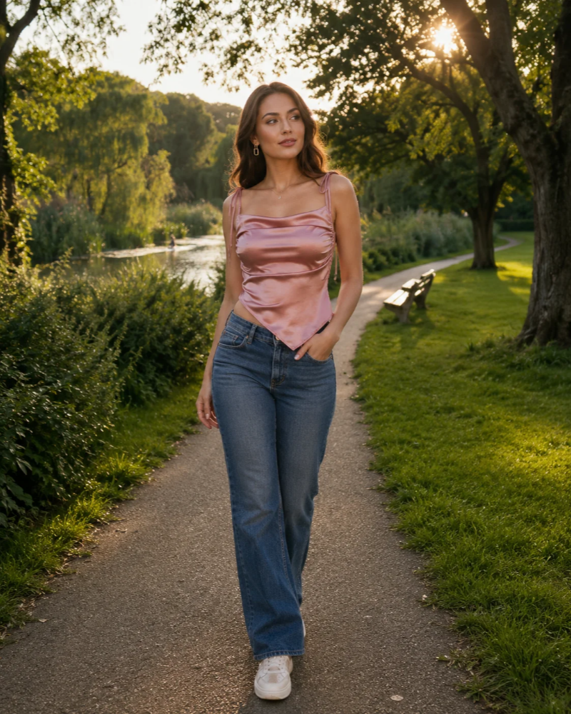 Harper Top Satin Femme – Elegantný asymetrický krátky ružový top so šnurovaním