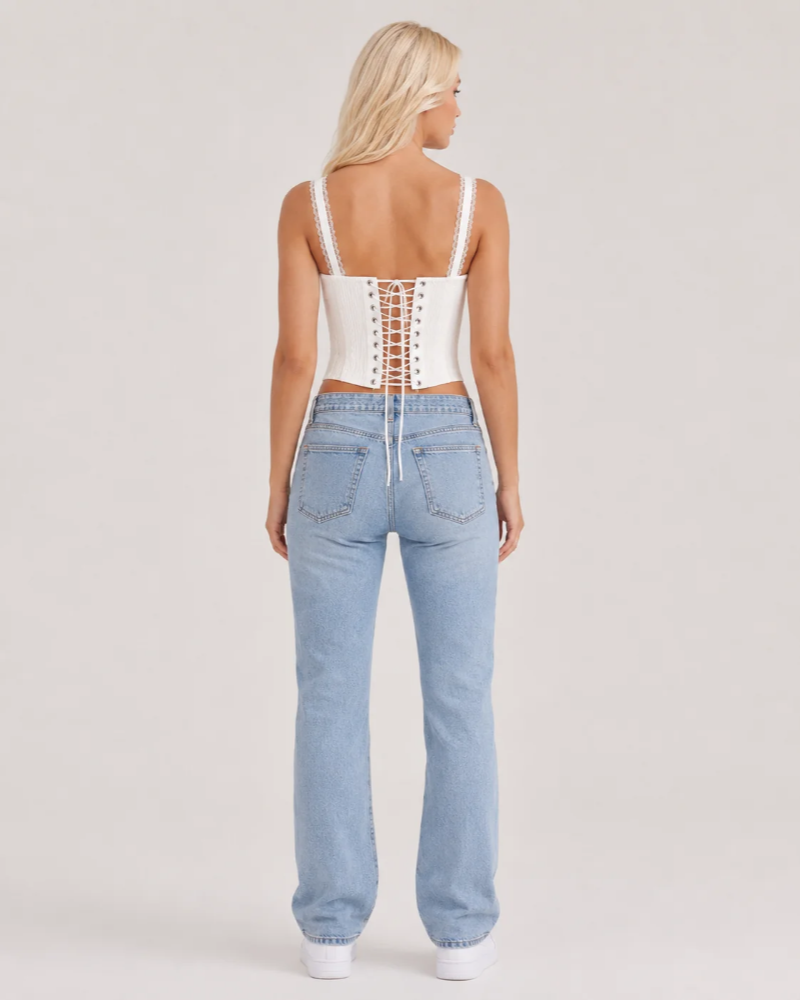 Hazel Top Korsett Damen – Weißes Bustier mit Schnürung, Spitzen-Trägern und Volants
